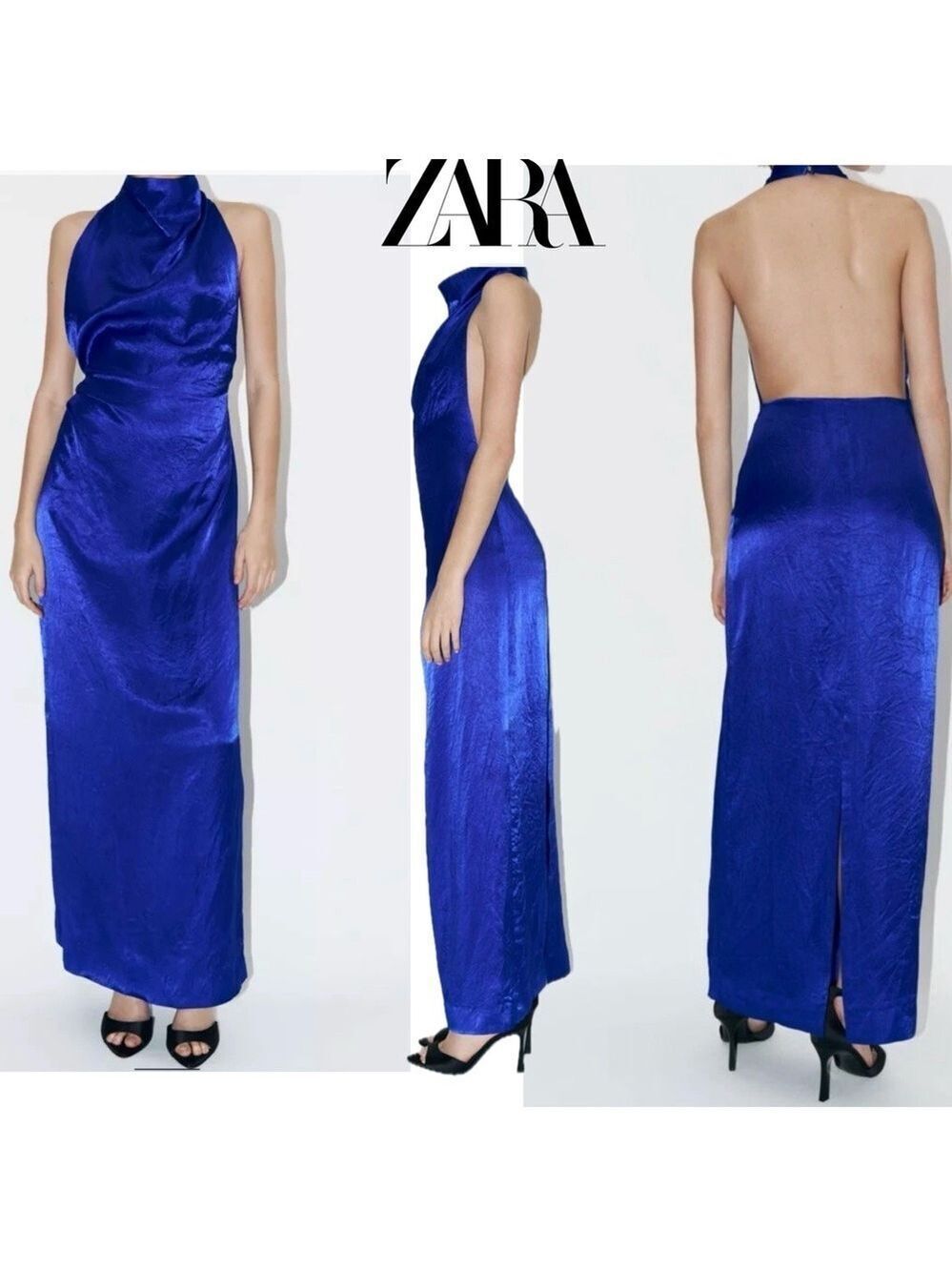 Zara women collection blue wrinkle satin effect open back halter top maxi dress
